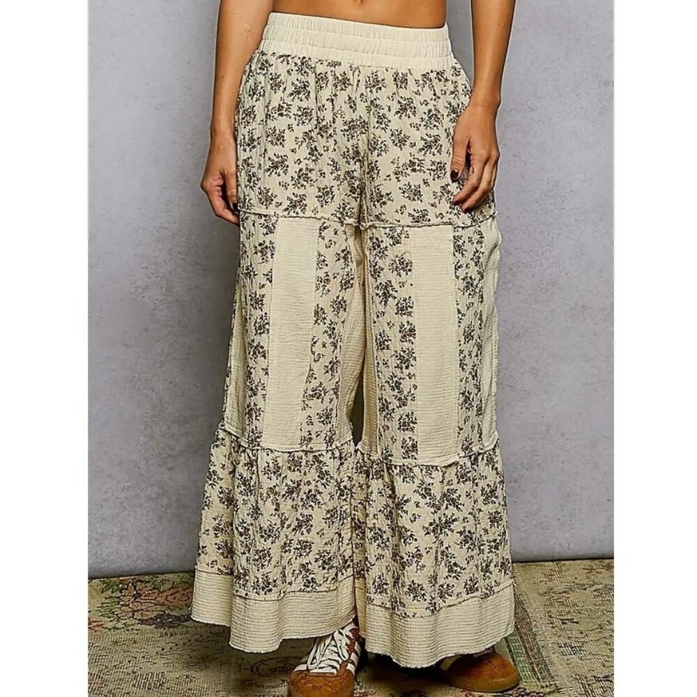 POL- Double Gauze Floral Printed Elastic Band Waist Woven Pants S-L